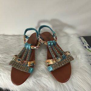 Blue and Brown Beaded Faux Leather Sandals with Ankle Straps